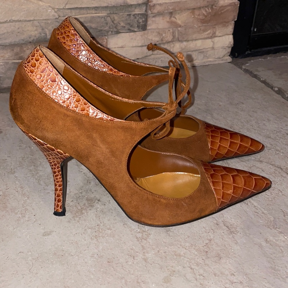 RARE FIND Italian BALLIN suede and croc print heels